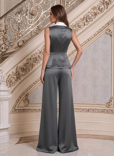 Jumpsuit/Pantsuit V-Neck Sleeveless Floor-Length Crepe Satin Mother Of The Bride Dresses