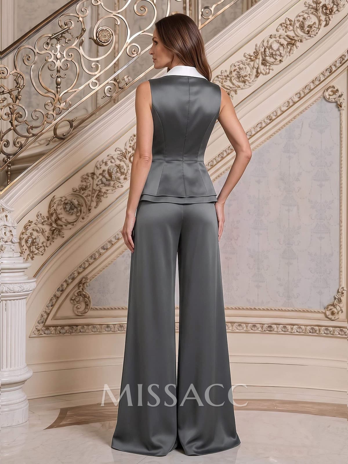 Jumpsuit/Pantsuit V-Neck Sleeveless Floor-Length Crepe Satin Mother Of The Bride Dresses