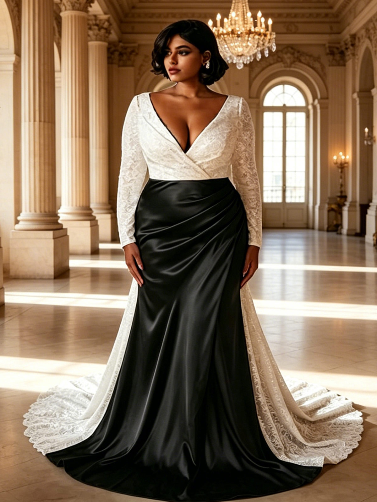 Trumpet/Mermaid Plunge Neck Long Sleeves Court Train Matte Satin Mother Of The Bride Dresses With Sequins