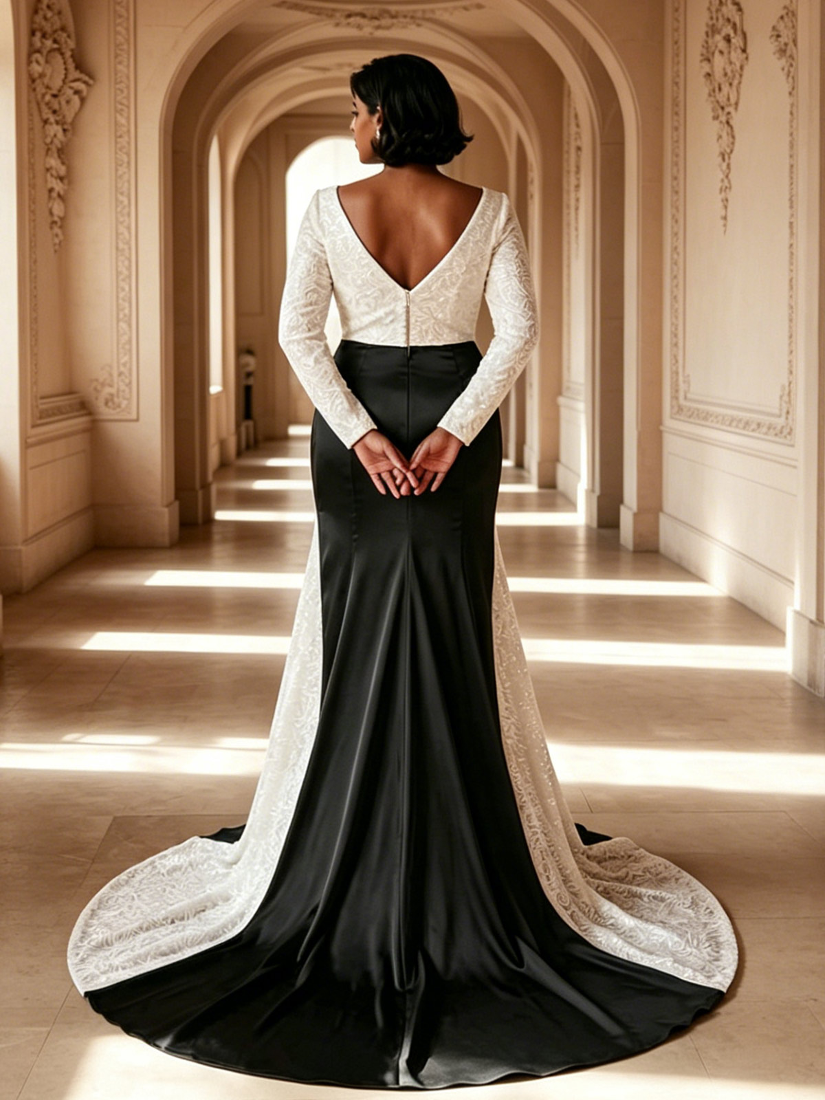Trumpet/Mermaid Plunge Neck Long Sleeves Court Train Matte Satin Mother Of The Bride Dresses With Sequins