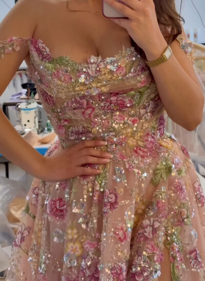 A-Line Off-The-Shoulder Sleeveless Sweep Train Lace/Tulle/Sequined Evening Dresses With Split Front/High Split