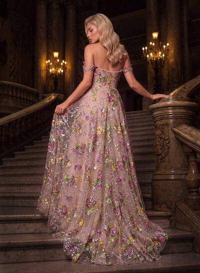 A-Line Off-The-Shoulder Sleeveless Sweep Train Lace/Tulle/Sequined Prom Dresses With Split Front/High Split