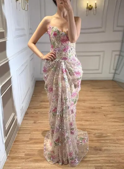 Trumpet/Mermaid Sweetheart Sleeveless Sweep Train Lace/Tulle/Sequined Prom Dresses