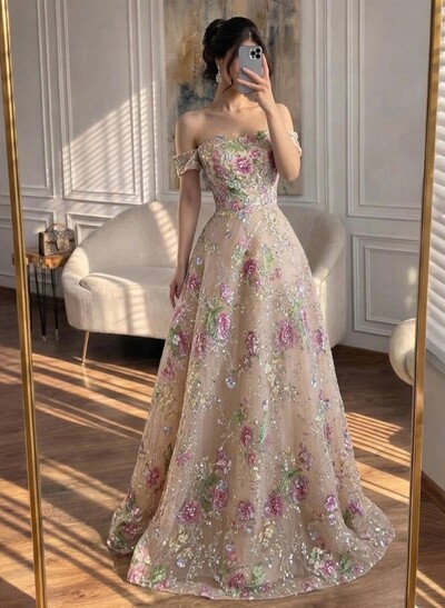 A-Line Off-The-Shoulder Sleeveless Sweep Train Lace/Tulle/Sequined Evening Dresses