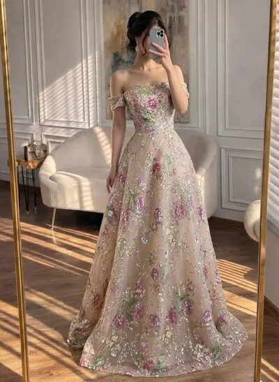 A-Line Off-The-Shoulder Sleeveless Sweep Train Lace/Tulle/Sequined Prom Dresses