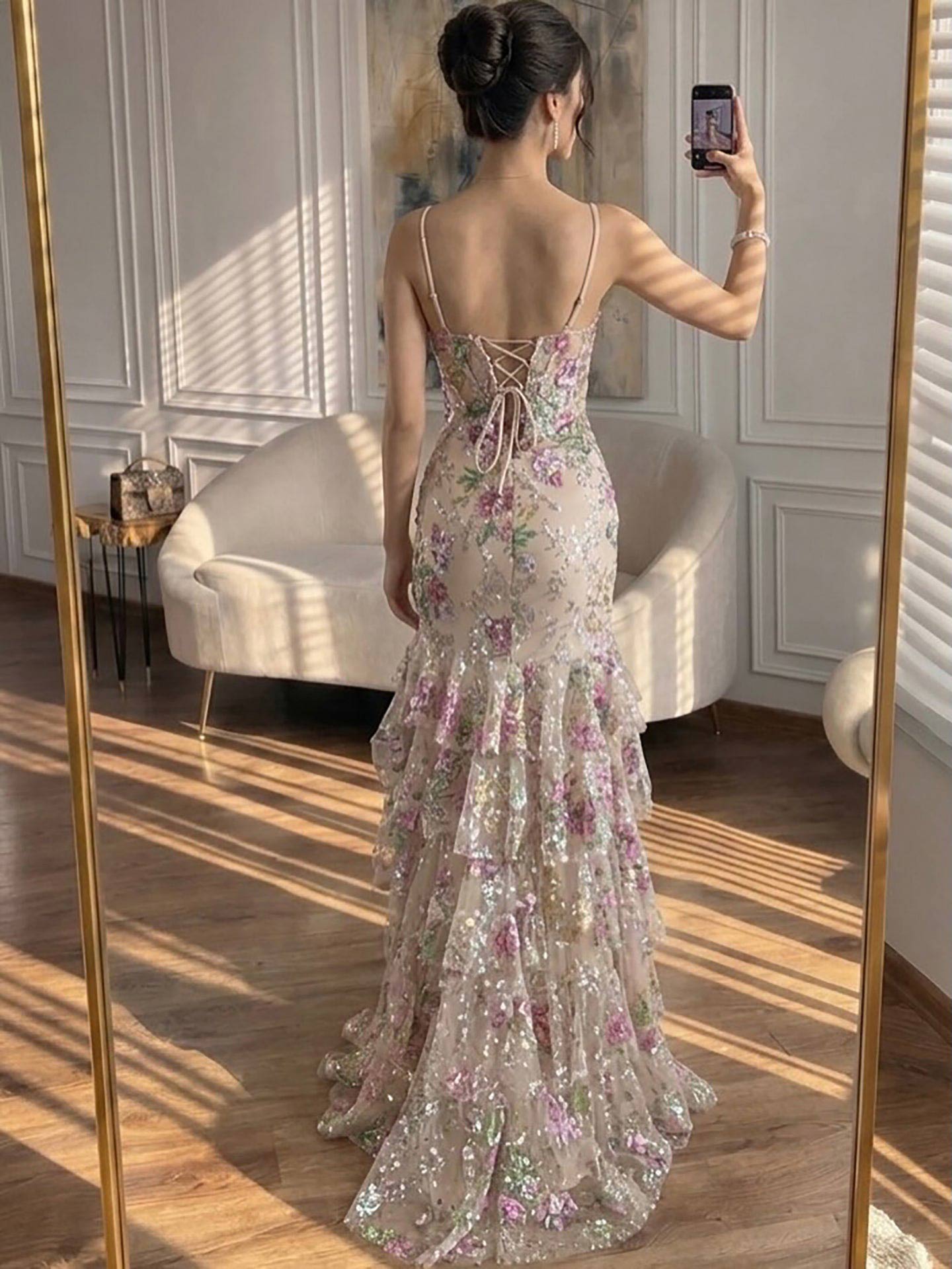 Trumpet/Mermaid Plunge Neck Sleeveless Floor-Length Lace/Tulle/Sequined Evening Dresses With Tiered