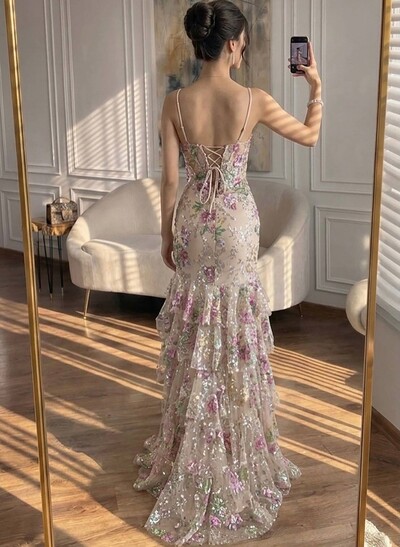 Trumpet/Mermaid Plunge Neck Sleeveless Floor-Length Lace/Tulle/Sequined Evening Dresses With Tiered