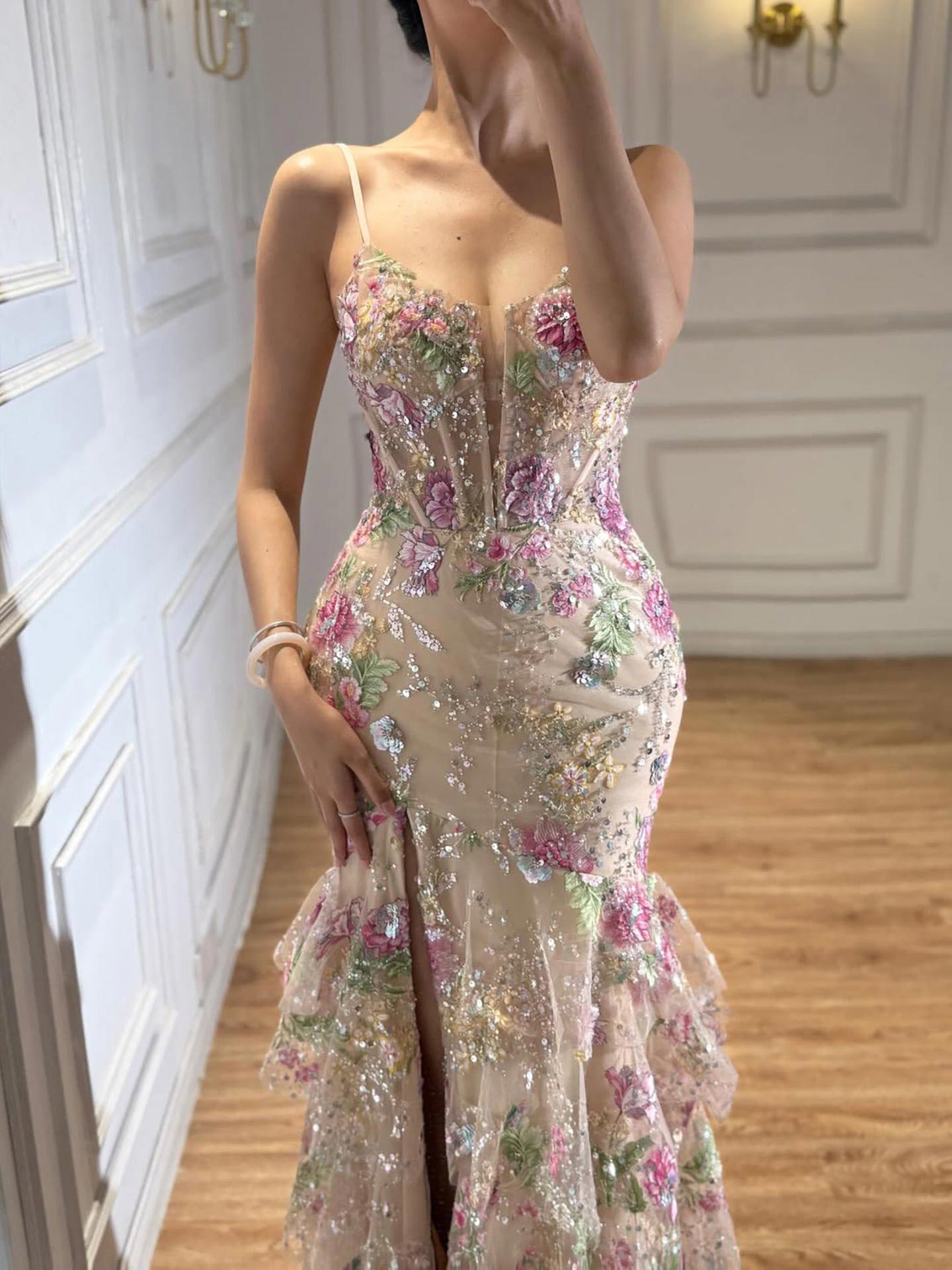 Trumpet/Mermaid Plunge Neck Sleeveless Floor-Length Lace/Tulle/Sequined Evening Dresses With Tiered