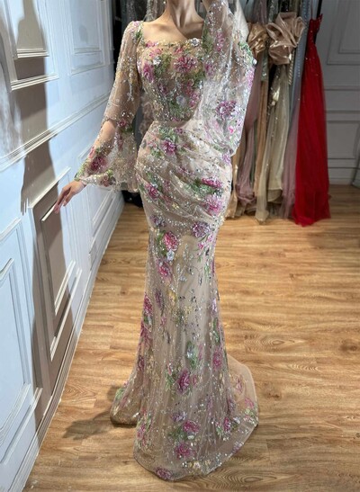 Trumpet/Mermaid Square Neckline Long Sleeves Sweep Train Lace/Tulle/Sequined Evening Dresses