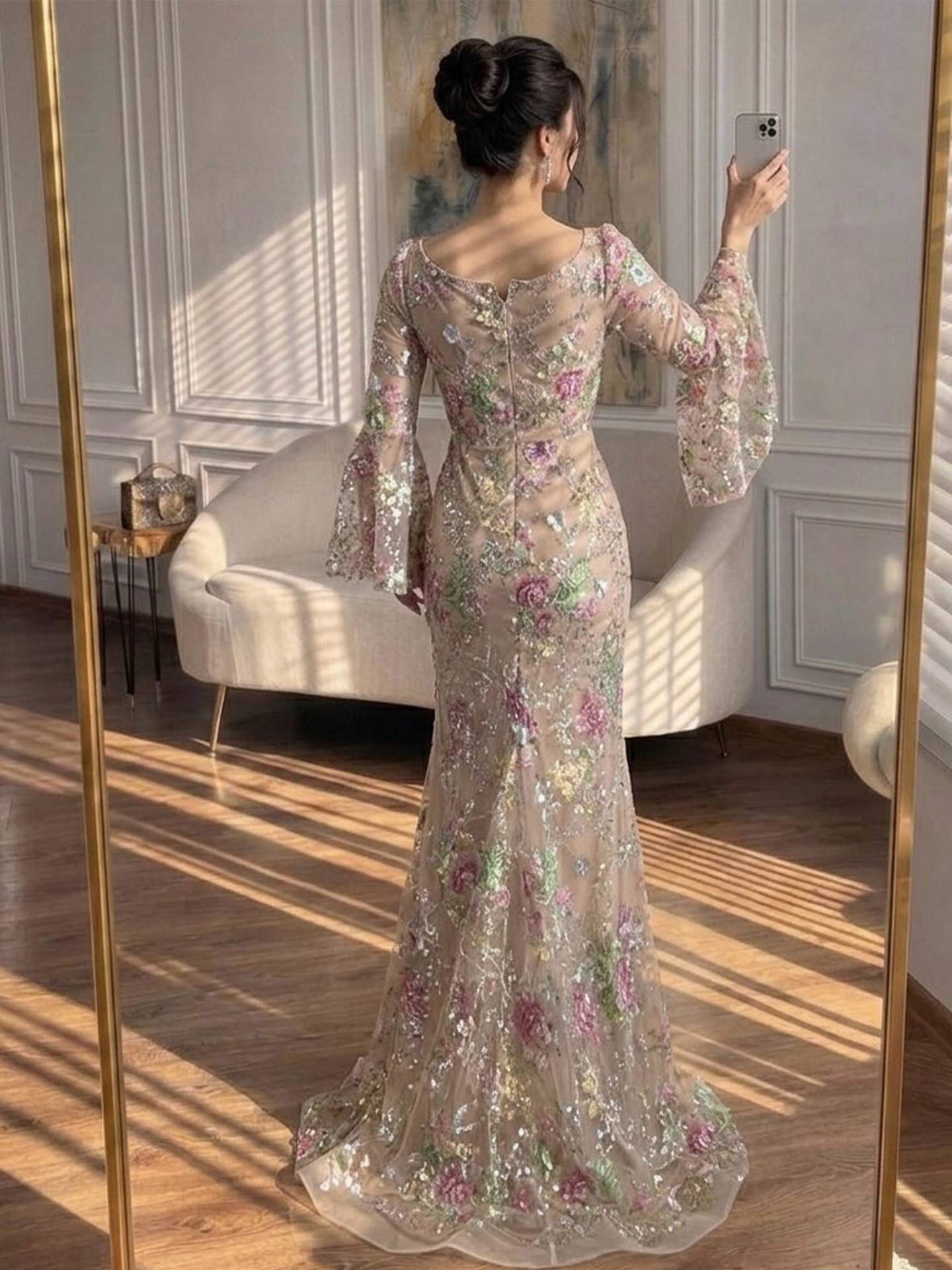 Trumpet/Mermaid Square Neckline Long Sleeves Sweep Train Lace/Tulle/Sequined Evening Dresses