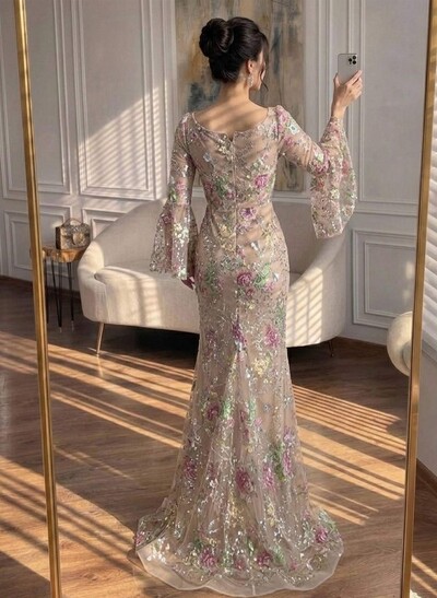 Trumpet/Mermaid Square Neckline Long Sleeves Sweep Train Lace/Tulle/Sequined Evening Dresses