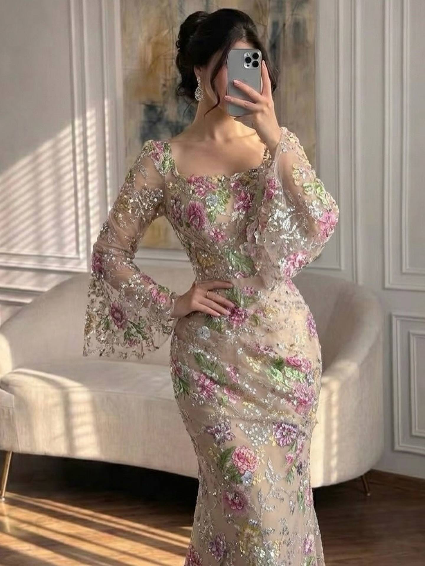 Trumpet/Mermaid Square Neckline Long Sleeves Sweep Train Lace/Tulle/Sequined Evening Dresses