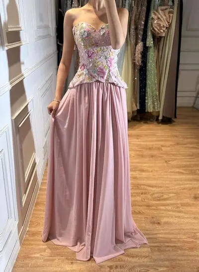 A-Line Sweetheart Sleeveless Sweep Train Chiffon/Lace/Tulle/Sequined Prom Dresses