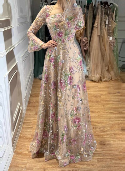 A-Line Square Neckline Long Sleeves Sweep Train Lace/Tulle/Sequined Evening Dresses