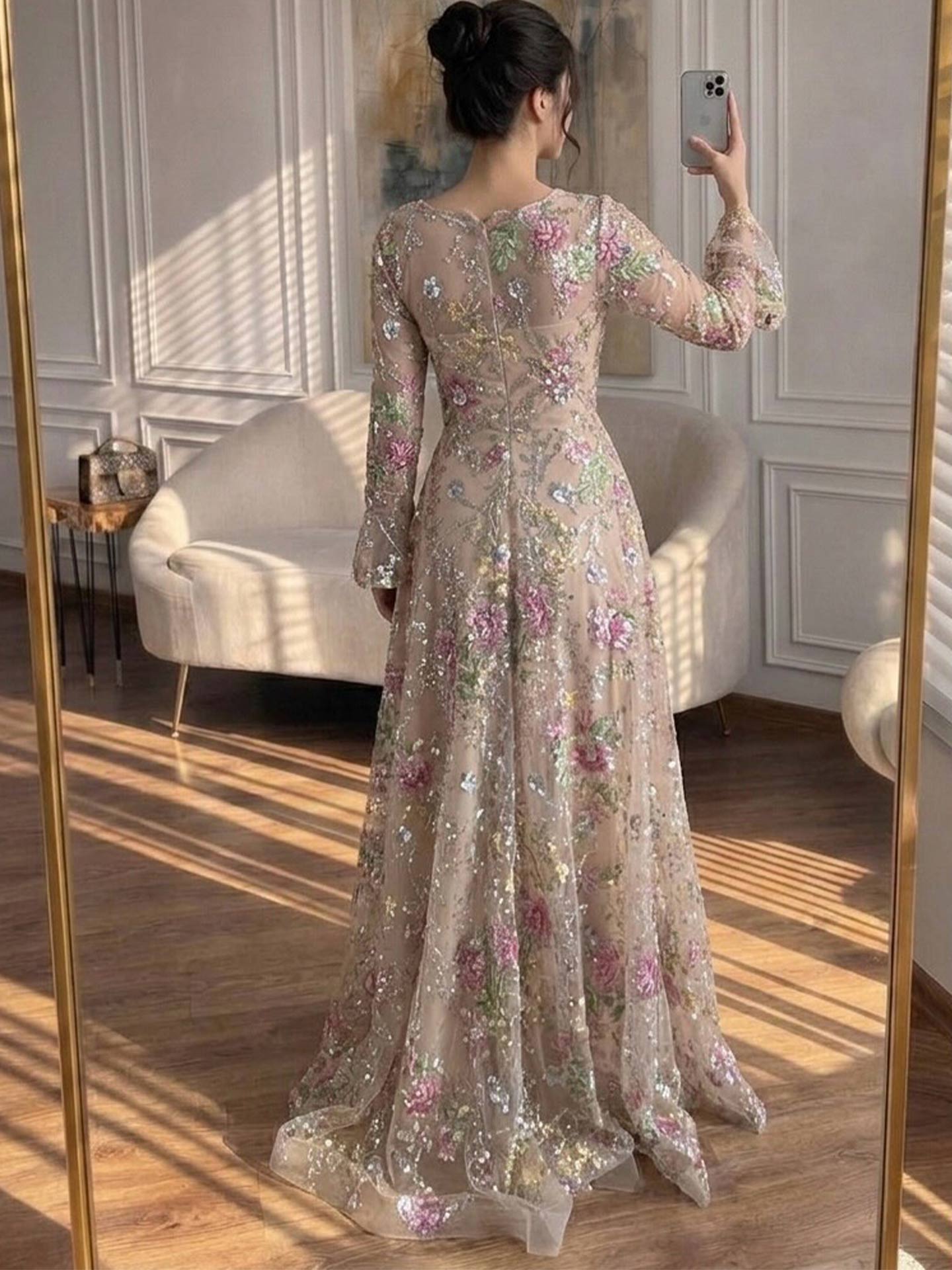 A-Line Square Neckline Long Sleeves Sweep Train Lace/Tulle/Sequined Evening Dresses