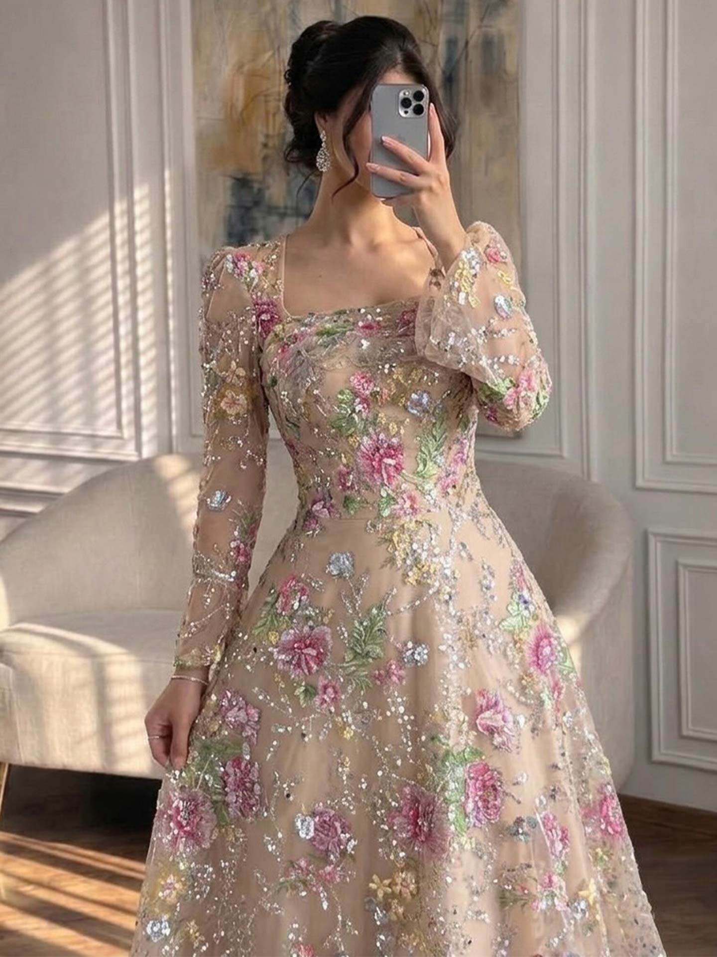 A-Line Square Neckline Long Sleeves Sweep Train Lace/Tulle/Sequined Evening Dresses