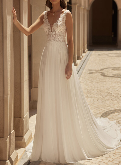 A-Line V-Neck Sleeveless Cathedral Chiffon/Tulle Wedding Dresses With Appliques Lace