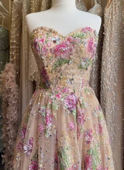 A-Line Sweetheart Sleeveless Floor-Length Lace/Tulle/Sequined Evening Dresses