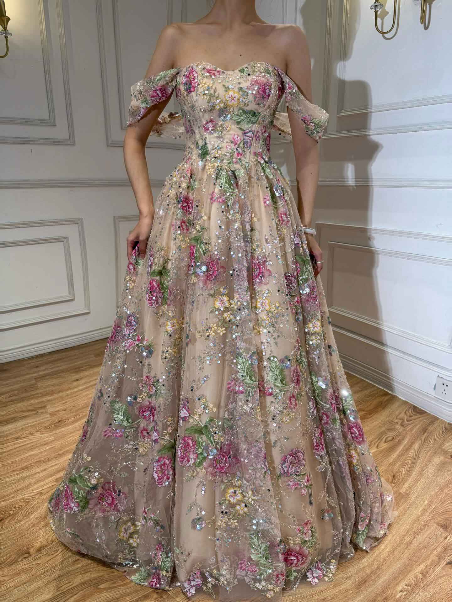 A-Line Off-The-Shoulder Sleeveless Sweep Train Lace/Tulle/Sequined Evening Dresses