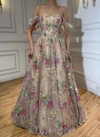 A-Line Off-The-Shoulder Sleeveless Sweep Train Lace/Tulle/Sequined Prom Dresses