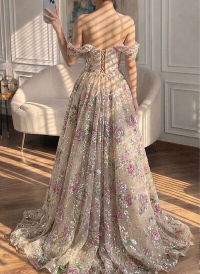 A-Line Off-The-Shoulder Sleeveless Sweep Train Lace/Tulle/Sequined Evening Dresses