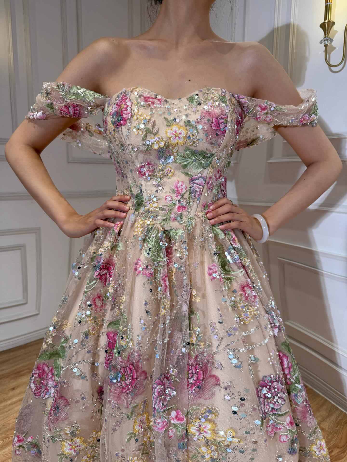 A-Line Off-The-Shoulder Sleeveless Sweep Train Lace/Tulle/Sequined Evening Dresses