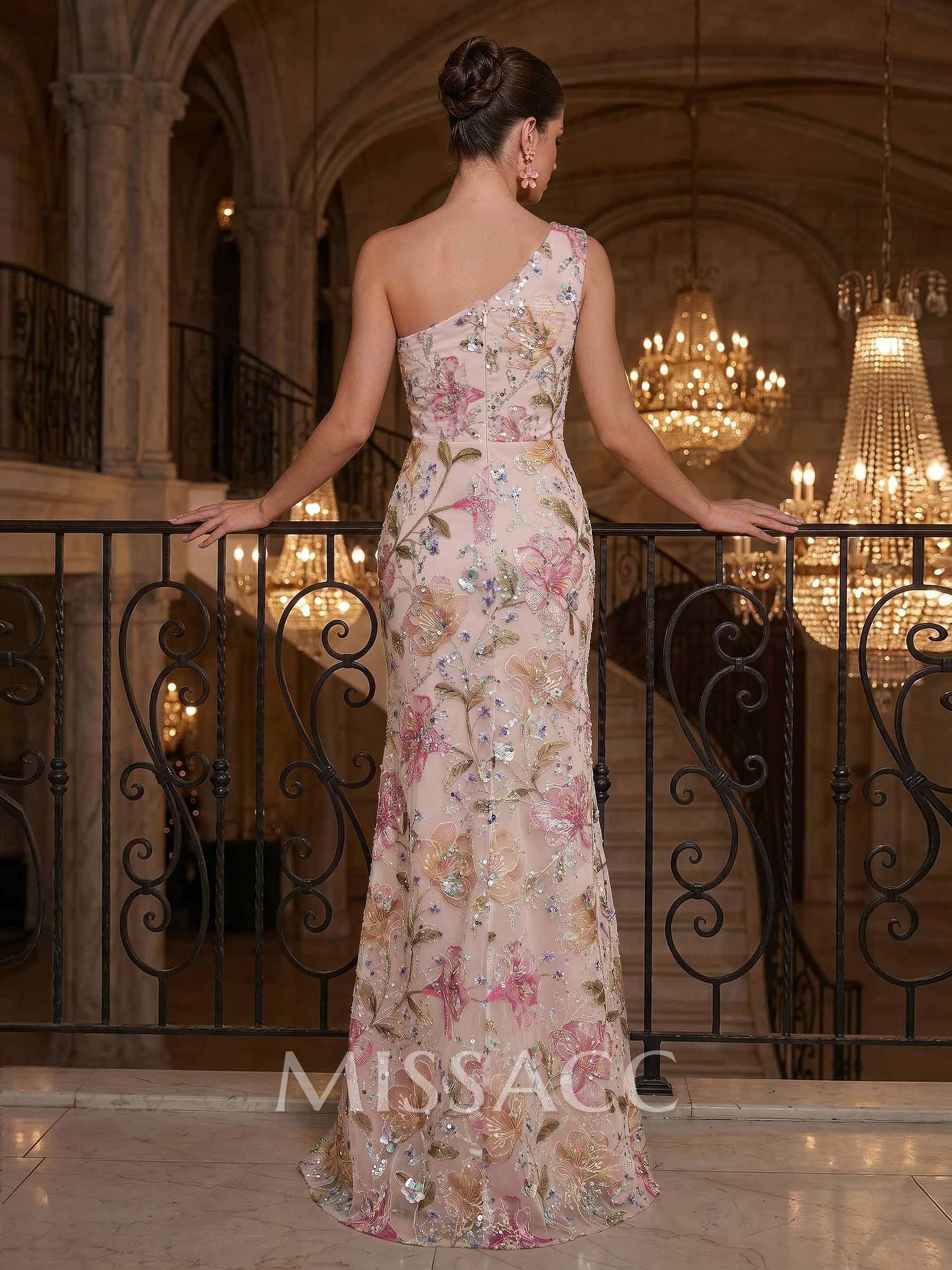 Trumpet/Mermaid One-Shoulder Sleeveless Floor-Length Lace Prom Dresses With Appliques Lace/High Split