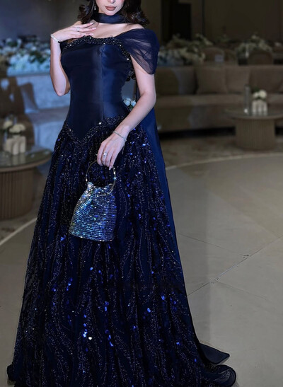 Sparkle & Shine A-Line Off-The-Shoulder Sweep Train Twill Satin Prom Dresses With Beading/Sequins