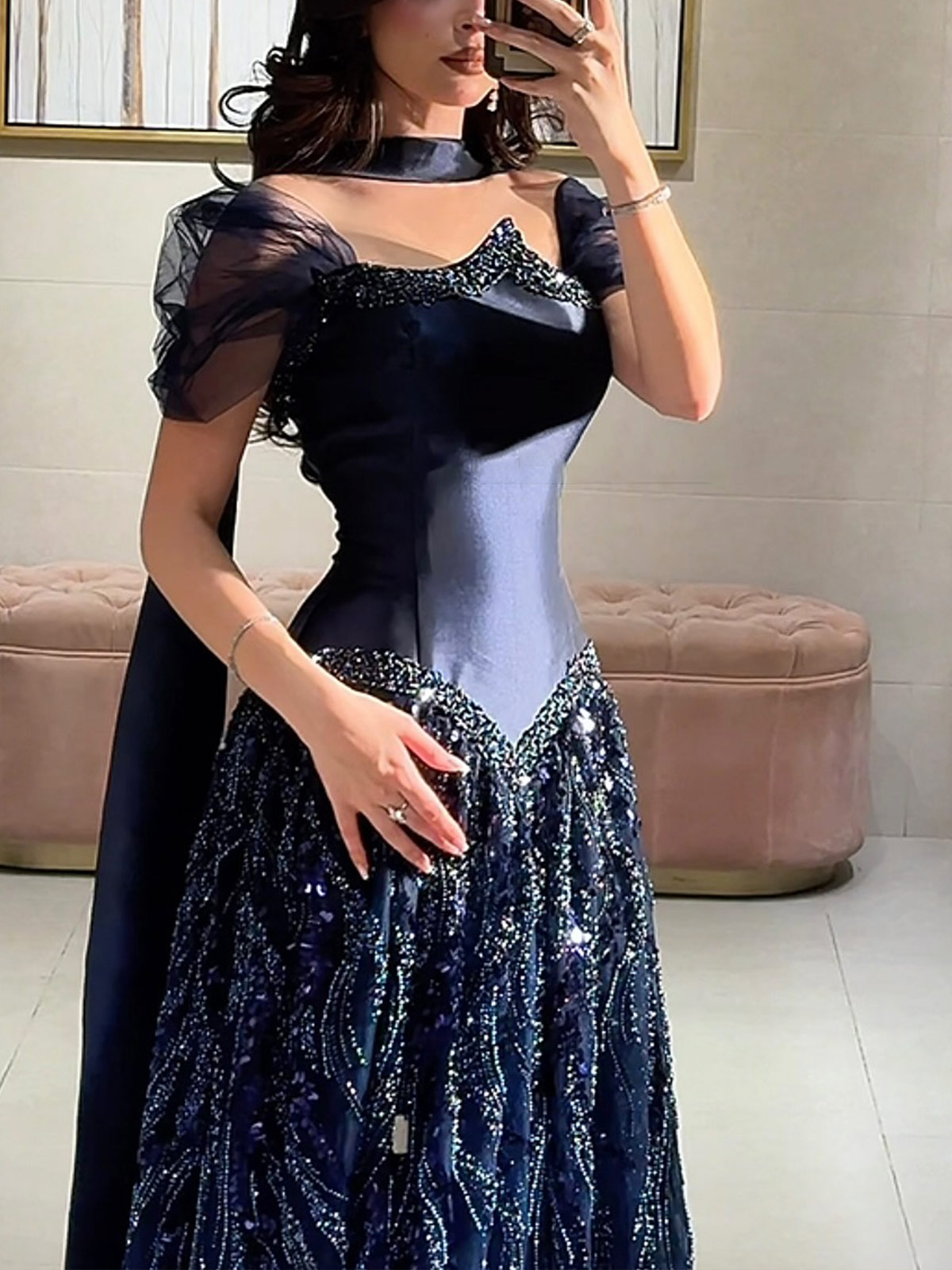 Sparkle & Shine A-Line Off-The-Shoulder Sweep Train Twill Satin Prom Dresses With Beading/Sequins