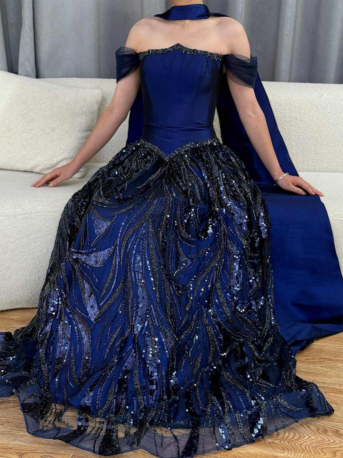 Sparkle & Shine A-Line Off-The-Shoulder Sweep Train Twill Satin Prom Dresses With Beading/Sequins