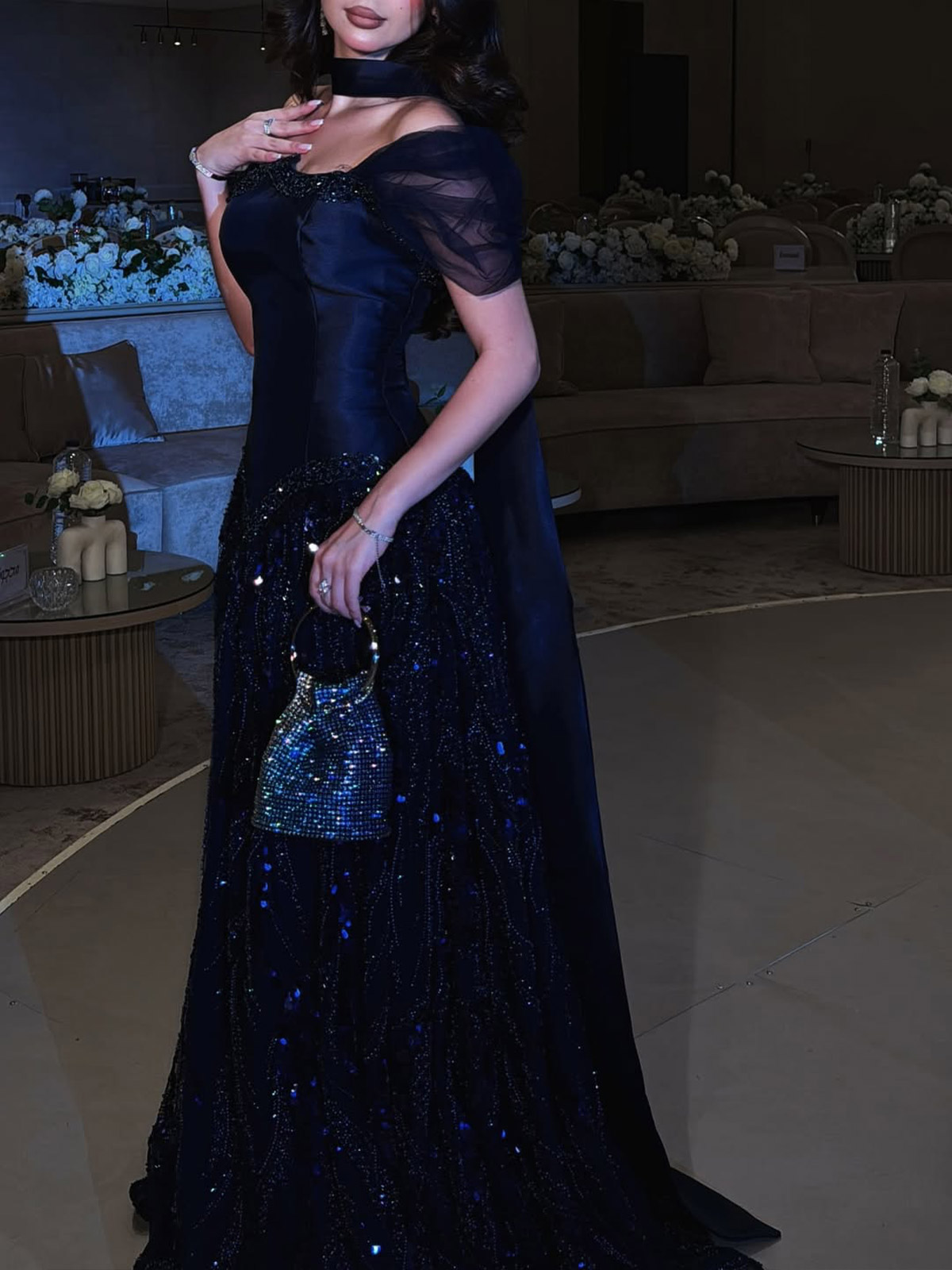 Sparkle & Shine A-Line Off-The-Shoulder Sweep Train Twill Satin Prom Dresses With Beading/Sequins