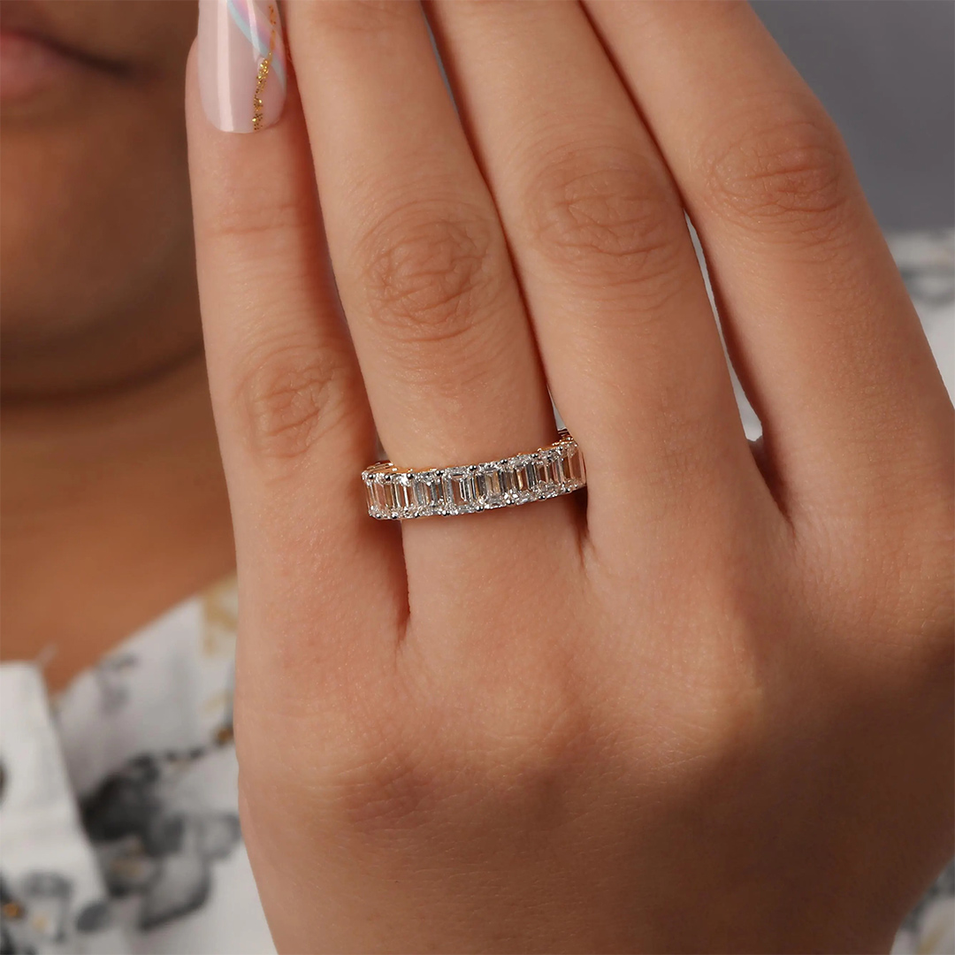 5.04CT 3*5mm Emerald Cut Moissanite Wedding Bands In Sterling Silver