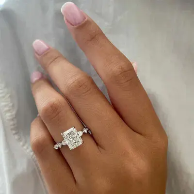 4ct 8x10mm Radiant Cut Moissanite Engagement Rings in Sterling Silver