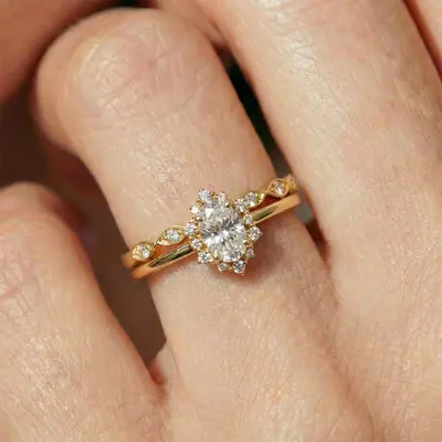 1.21CT 4*6mm Oval Cut Moissanite Engagement Rings Sets In Sterling Silver