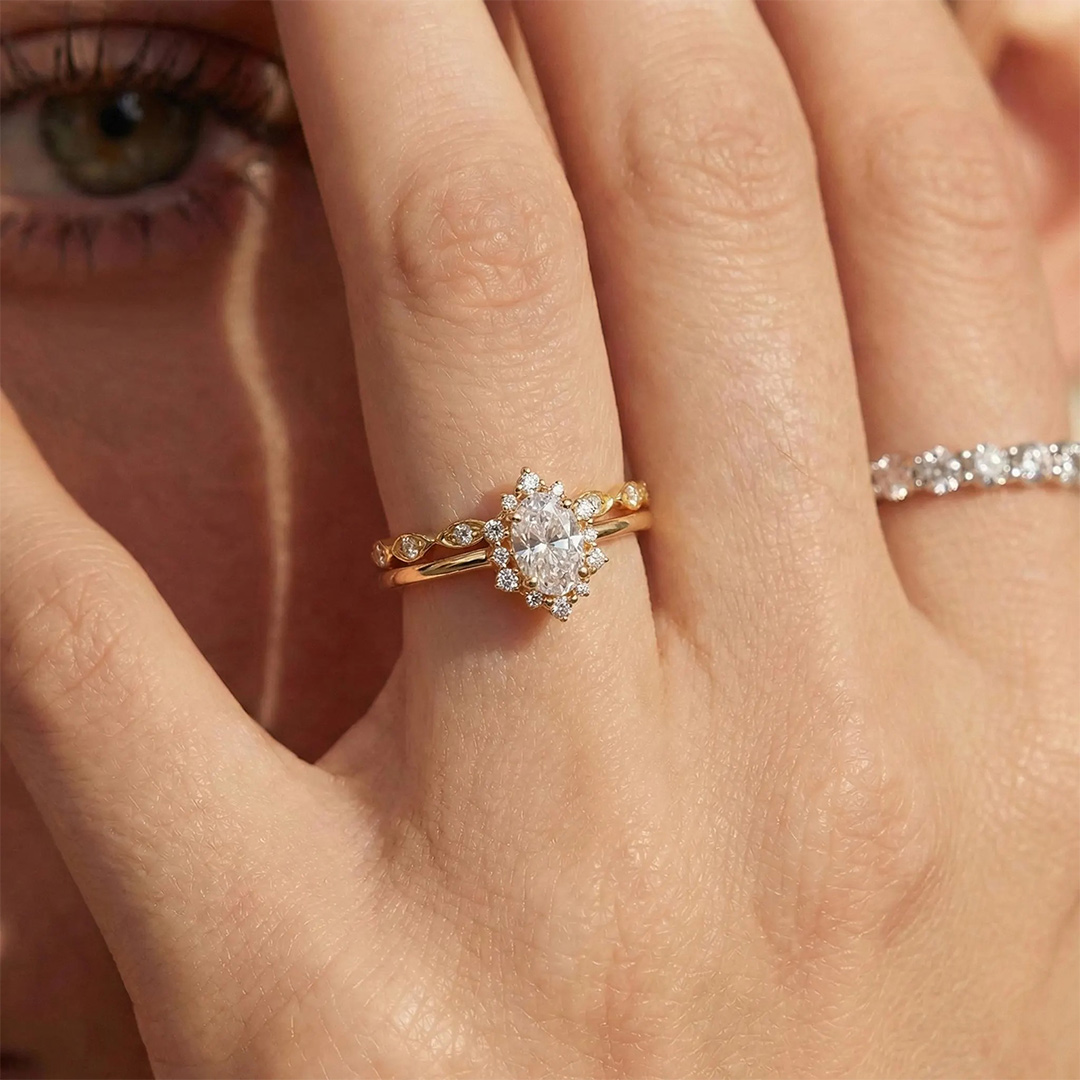1.21CT 4*6mm Oval Cut Moissanite Engagement Rings Sets In Sterling Silver