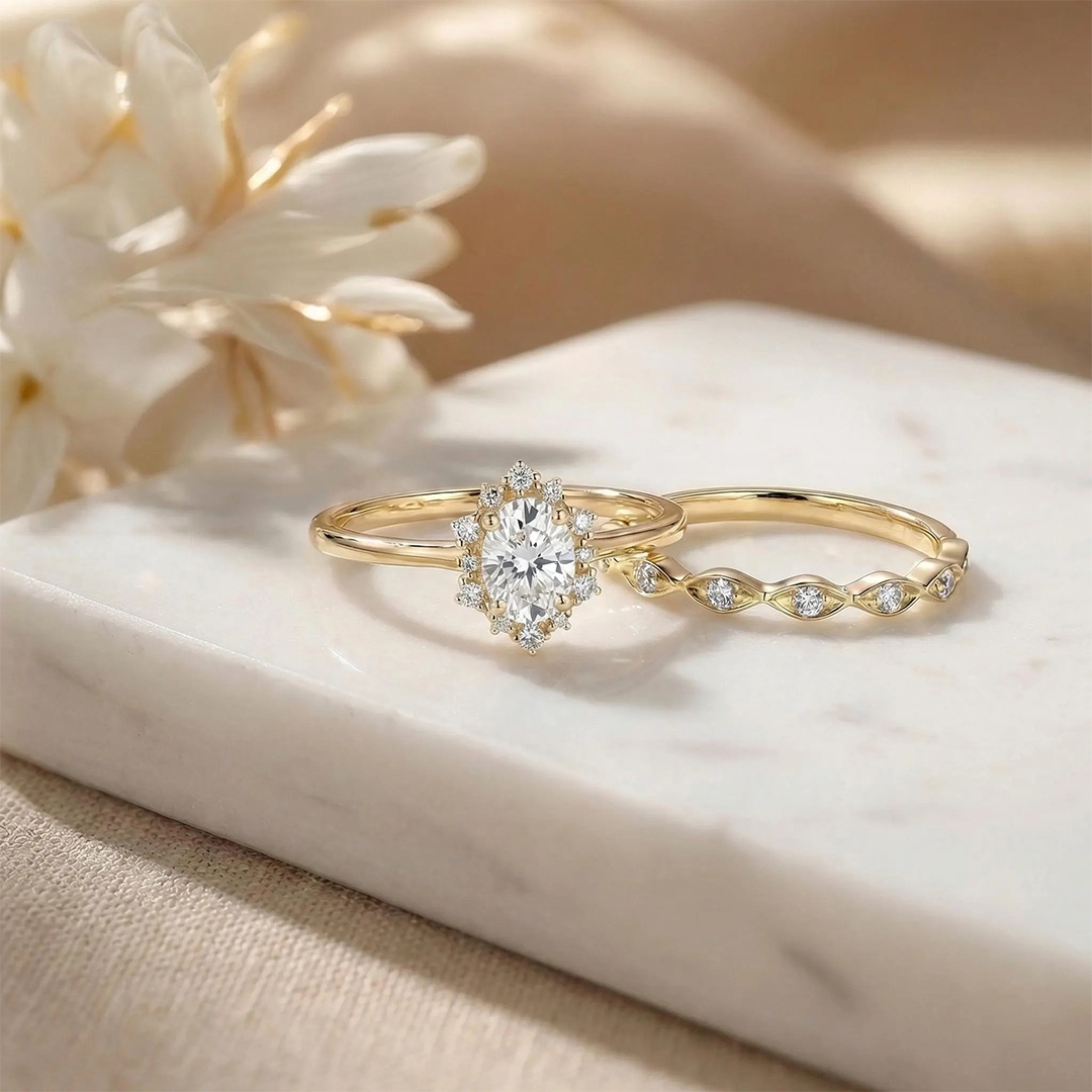1.21CT 4*6mm Oval Cut Moissanite Engagement Rings Sets In Sterling Silver