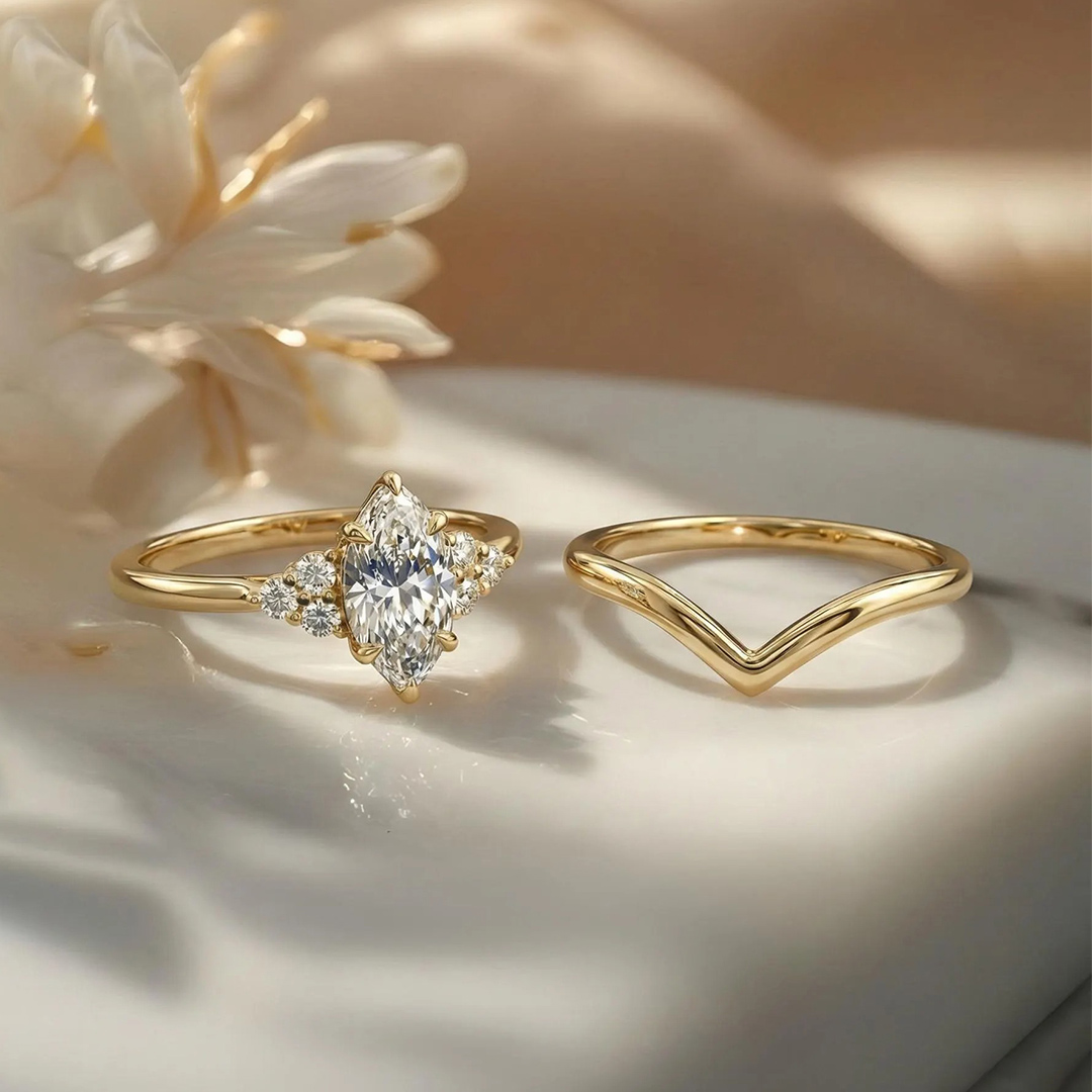 1.09CT 5*10mm Marquise Cut Moissanite Engagement Rings Sets In Sterling Silver