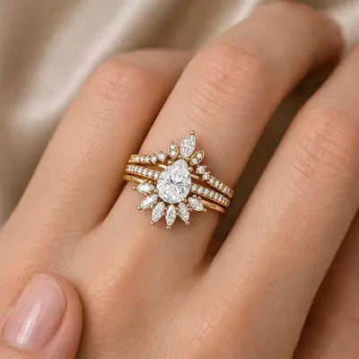 0.8CT 5*7mm Pear Cut Moissanite Engagement Rings Sets In Sterling Silver
