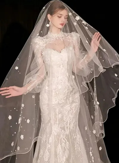 Pencil Edge Beading/Floral Two-Tier Tulle Cathedral Bridal Veils