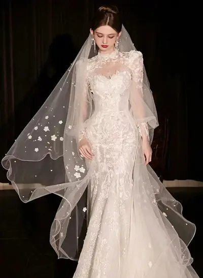 Pencil Edge Beading/Floral Two-Tier Tulle Cathedral Bridal Veils
