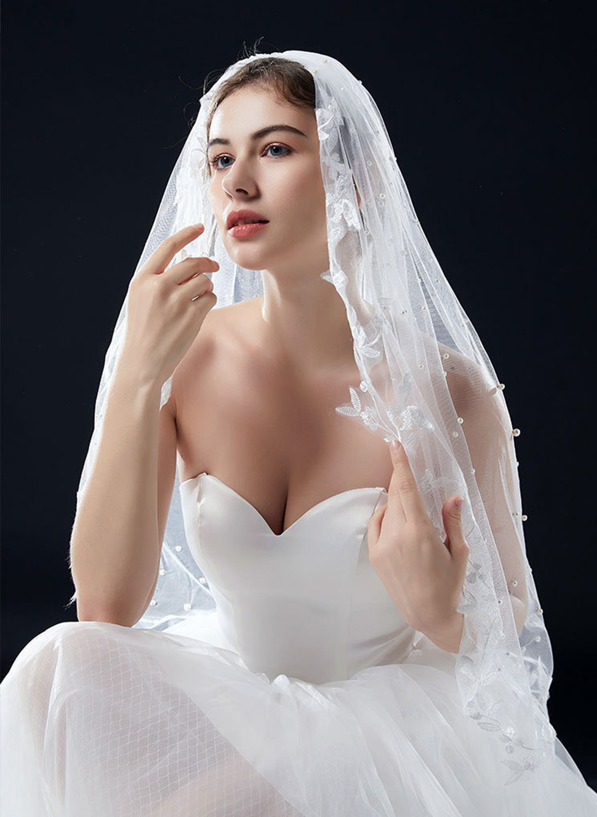 Lace Applique Edge Leaf Two-Tier Tulle Elbow Bridal Veils