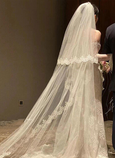 Lace Applique Edge Lace Two-Tier Tulle Cathedral Bridal Veils