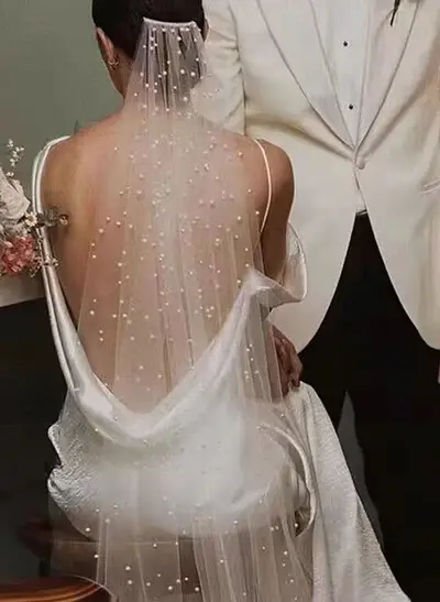 Single Tier Cut Edge Beaded Tulle Cathedral Wedding Veils