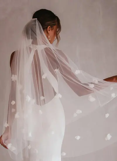 Floral Two-Tier Tulle Fingertip Wedding Veil with Cut Edge