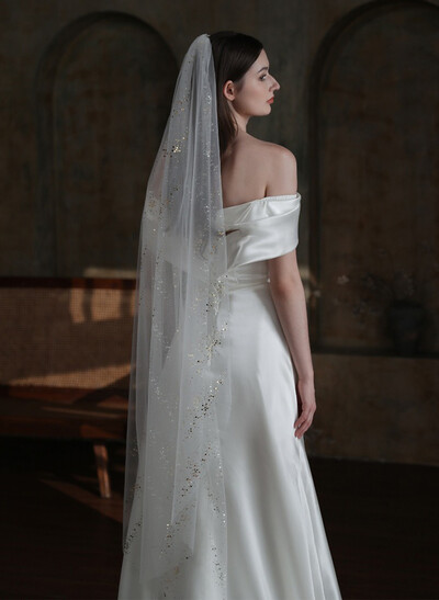 Cut Edge Sequin One-Tier Tulle Waltz Bridal Veils