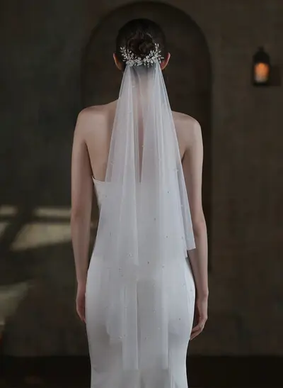 Cut Edge Diamanté Two-Tier Tulle Fingertip Bridal Veils