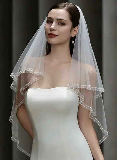 Beaded Edge Sequin Two-Tier Tulle Waltz Bridal Veils