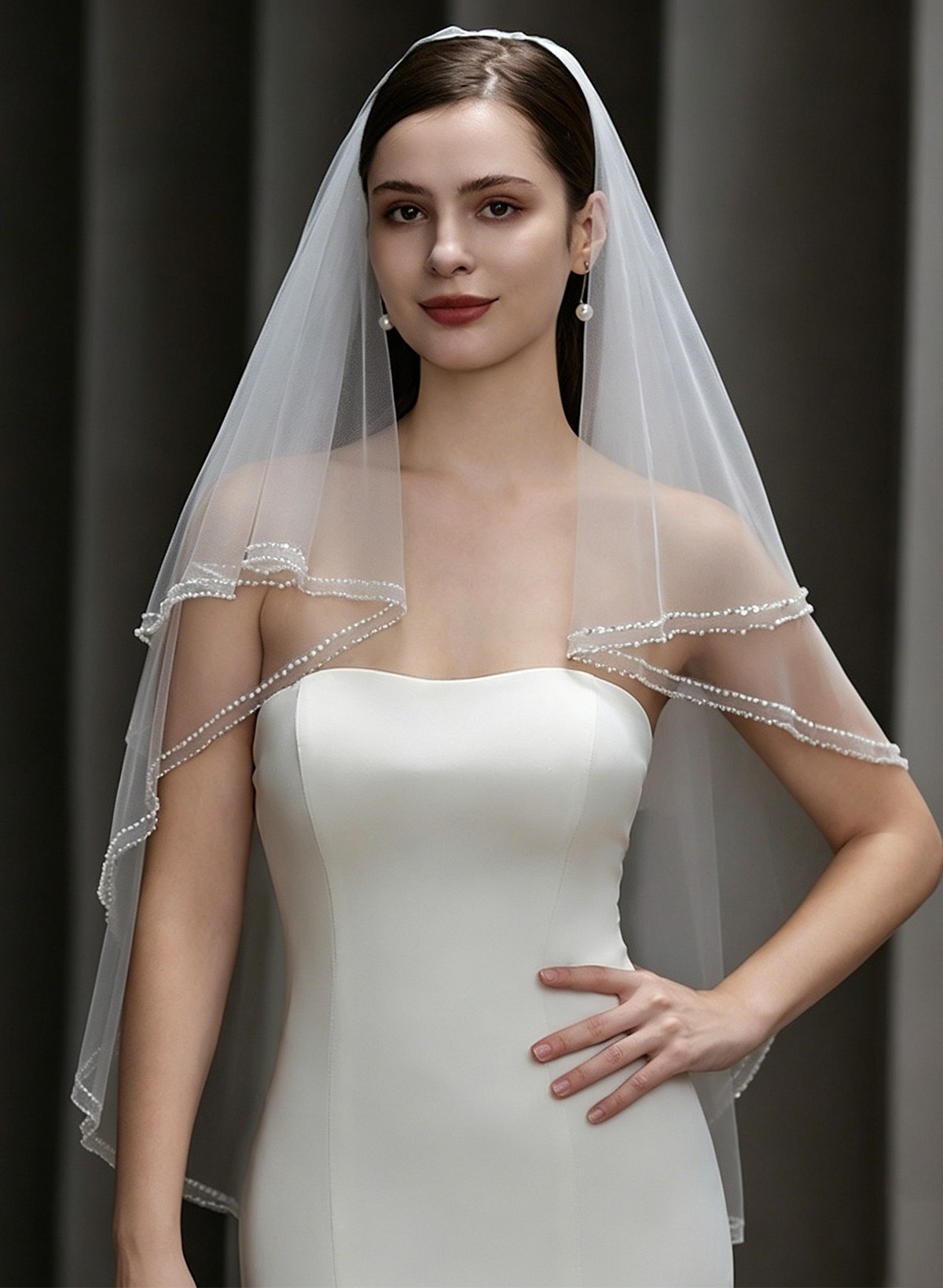 Beaded Edge Sequin Two-Tier Tulle Waltz Bridal Veils