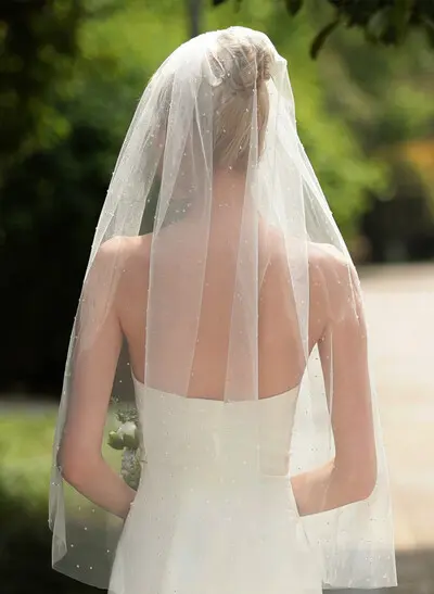 Diamanté Cut Edge Single Tier Tulle Elbow Length Wedding Veil