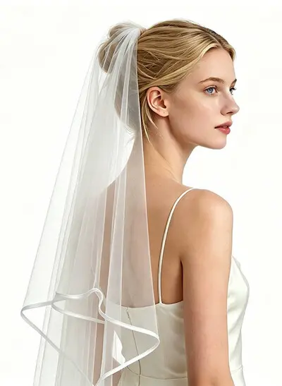 Satin Edge Two-Tier Tulle Elbow Bridal Veils